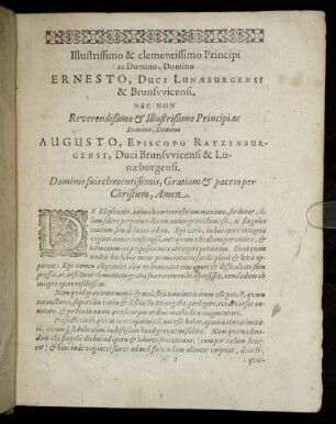 Illustrissimo & clementissimo Principi ac domino, Domino Ernesto, Duci Lunæburgensi & Brunswicensi [...] Domino Augusto, Episcopo Ratzenburgensi [...]