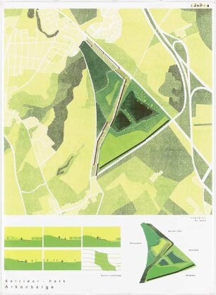 Erholungspark auf der und um die Bauschuttdeponie Arkenberge, Berlin-Pankow Schinkelwettbewerb 1999: Lageplan 1:5000, Höhenschnitte