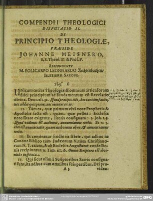 Disputatio II. De Principio Theologiae, Praeside Johanne Meisnero, ... Respondente M. Policarpo Leonhardo Rechtenbachen