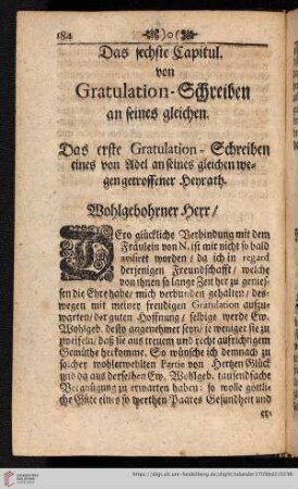 Das sechste Capitul: Von Gratulations-Schreiben and seines gleichen