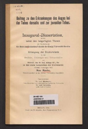 Beitrag zu den Erkrankungen des Auges bei der Tabes dorsalis und zur juvenilen Tabes