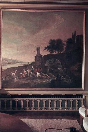Flußlandschaft mit Ruine und rastender Hirtengruppe