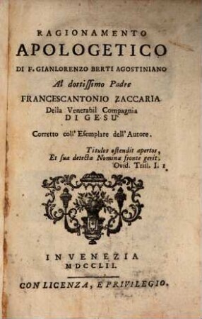 Ragionamento apologetico al Francescantonio Zaccaria