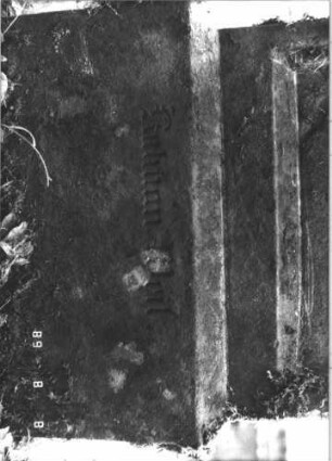 Grabstein 54 (Index: 99799410) Material: Sandstein Zustand: verwittert, oberer Teil abgebrochen Maße HxBxT: 107x54x16 cm Beschreibung: Stele, Oberteil abgebrochen, Schriftfeld eingetieft, Sockel: Grabstein 54 (Detailaufnahme)