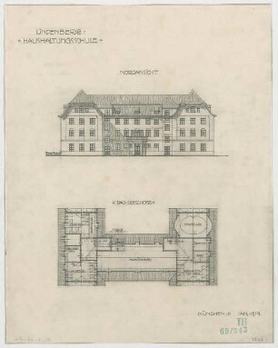 Fischer, Theodor; Lindenberg / Allgäu (Bayern); Haushaltungsschule mit Ökonomiegebäude und Kapelle - Grundriss DG, Ansicht