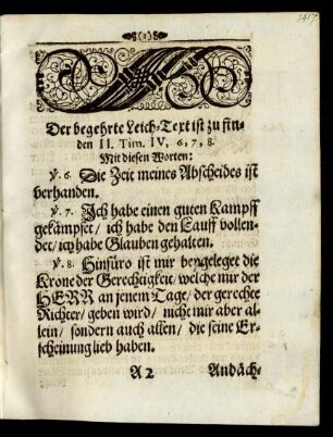 Der begehrte Leich-Text zu finden II. Tim. IV, 6. 7. 8.