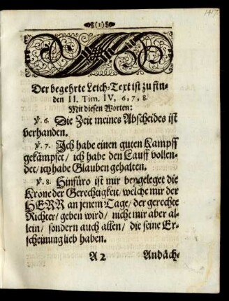 Der begehrte Leich-Text zu finden II. Tim. IV, 6. 7. 8.