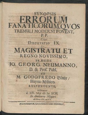 ... Disputatio IX. De Magistratu Et Regno Novissimo ...
