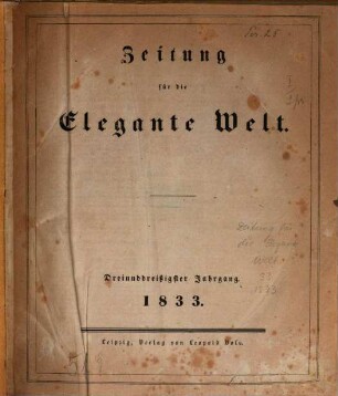 Zeitung für die elegante Welt : Mode, Unterhaltung, Kunst, Theater, 33. 1833