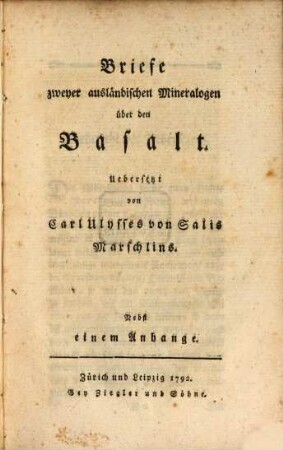 Briefe zweyer ausländischer Mineralogen über den Basalt