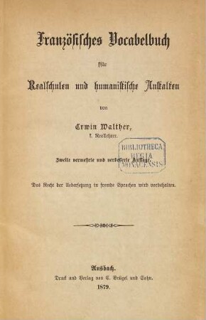 Französisches Vocabelbuch für Realschulen und humanistische Anstalten