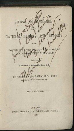 Journal of researches into the natural history and geology of the countries visited during the voyage of H. M. S. Beagle round the world under the command of Capt. Fitz Roy