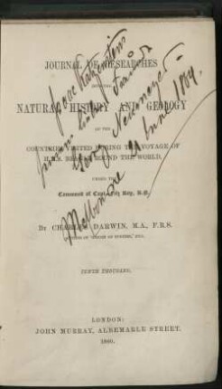 Journal of researches into the natural history and geology of the countries visited during the voyage of H. M. S. Beagle round the world under the command of Capt. Fitz Roy