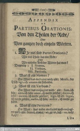 Appendix De Partibus Orationis: Von den Theilen der Rede, Oder Von gantzen doch eintzeln Wörtern