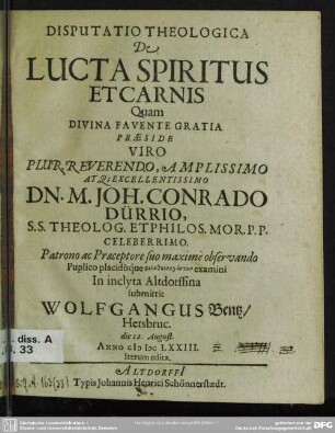 Disputatio theologica de lucta spiritus et carnis