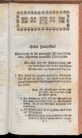 Erstes Hauptstück. Einleitung in die practische Weltweisheit, oder allgemeine practische Philosophie.