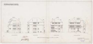 Landhaus Unger, Berlin-Nikolassee: Ansichten SO, NW, Straßen- und Gartenfront, 1:100