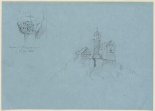 Ansicht der Wartburg bei Eisenach in Thüringen und das linke Kapitell am Elisabethbrunnen am Elisabethplan im Nordhang des Burgberges der Wartburg