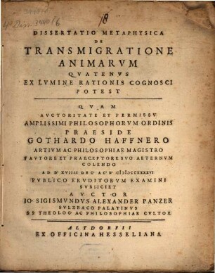Diss. metaphys. de transmigratione animarum, quatenus ex lumine rationis cognosci potest
