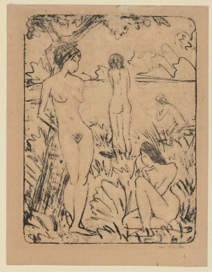 Ein am Baum stehendes, ein sitzendes und zwei badende Mädchen III