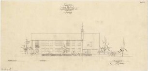 Gsaenger, Gustav; Schondorf am Ammersee (Bayern); Atriumschule - Schule Vorprojekt 2 u. Entwurf, Eingabeplan Erster Bauteil, Westseite (Ansicht)