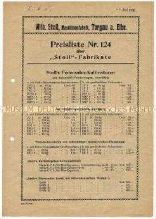 Preisliste Nr. 124 über Kultivatoren und Kartoffelerntemaschinen
