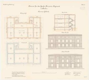 Kaserne des Garde-Kürassier-Regiments und des Königin-Augusta-Garde-Grenadier-Regiments Nr. 4, Berlin: Königin-Augusta-Garde-Grenadier-Regiments Nr. 4, Kammergebäude: Grundriss Fundamente, Kellergeschoss, Querschnitt, Vorderansicht, Hinteransicht 1:100