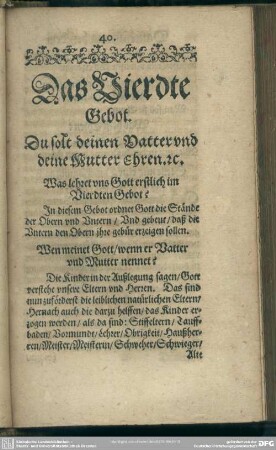 Das Vierdte Gebot. Du solst deinen Vatter und deine Mutter Ehren [et]c.
