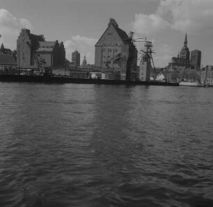 Stralsund. Freihafen, im Hintergrund Altstadt mit Jakobikirche und Nikolaikirche