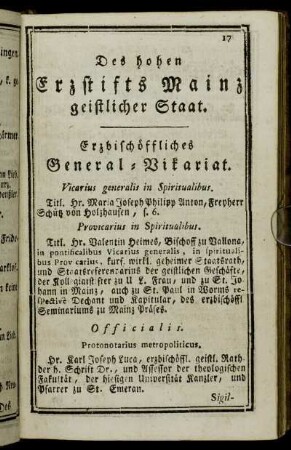 Erzbischöffliches General-Vikariat. - Insignis Collegiata zu St. Peter in Fritzlar.