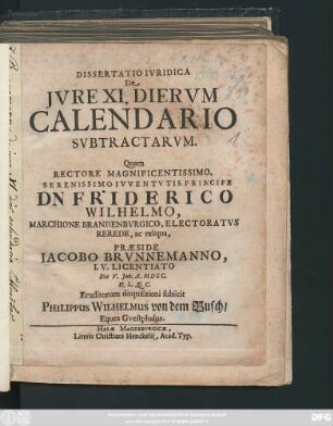 Dissertatio Iuridica De Iure XI. Dierum Calendario Subtractarum