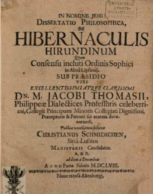 Dissertatio Philosophica, De Hibernaculis Hirundinum
