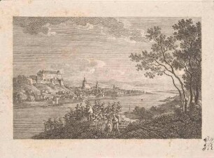 Stadtansicht von Pirna mit dem Sonnenstein und der Marienkirche von Nordosten über die Elbe, aus Götzingers Schandau und Umgebungen Band 2?
