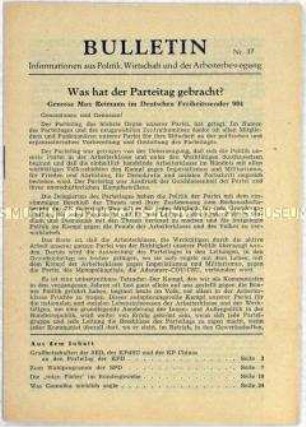 Illegales Informationsblatt der KPD "Bulletin" u.a. zum jüngsten Parteitag der KPD und über das Wahlprogramm der SPD für die bevorstehende Bundestagswahl 1957