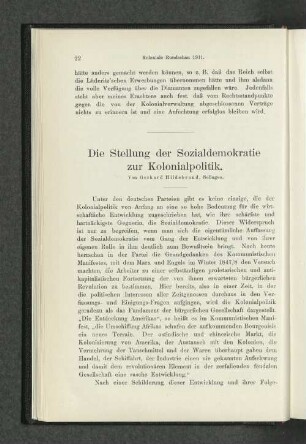 Die Stellung der Sozialdemokratie zur Kolonialpolitik. von Gerhard Hildebrand.