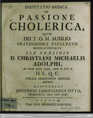Disputatione Medica De Passione Cholerica