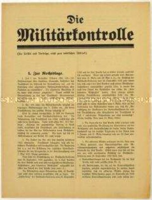 Flugschrift der Deutschnationalen Volkspartei über die Kontrolle der Abrüstung entsprechend des Versailler Vertrages
