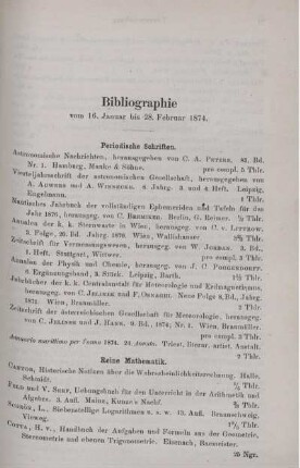 Bibliographie vom 16. Januar bis 28. Februar 1874.
