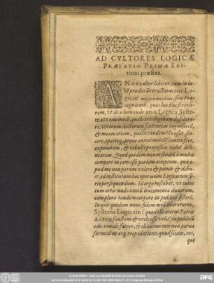 Ad Cultores Logicae Praefatio Primae Editioni praefixa.