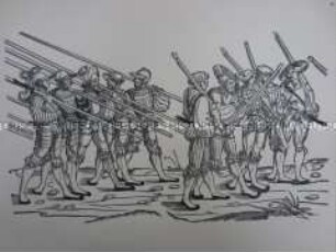 Kriegerdarstellung, fünf Büchsenschützen und fünf Doppelsöldner im Harnisch mit langen Spießen, 1510/1520.