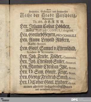 Einem Hochedlen, Gestrengen und Hochweisen Rathe der Stadt Hirschberg...