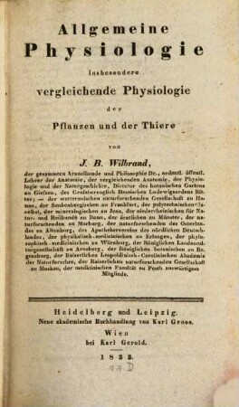 Allgemeine Physiologie insbesondere vergleichende Physiologie der Pflanzen und der Thiere