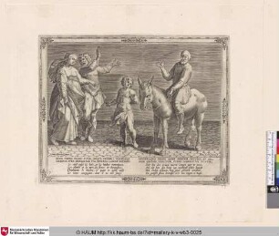 [Der Mann sitzt auf einem Esel, sein Sohn geht nebenher; The man sits on a donkey, his son walks alongside]