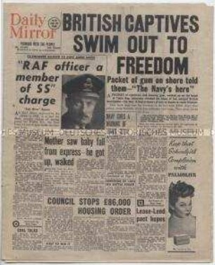 Britische Tageszeitung "Daily Mirror" u.a. über den Prozess gegen einen ehemaligen Offizier der Royal Air Force, der nach seiner Gefangennahme der Wafen-SS beigetreten war