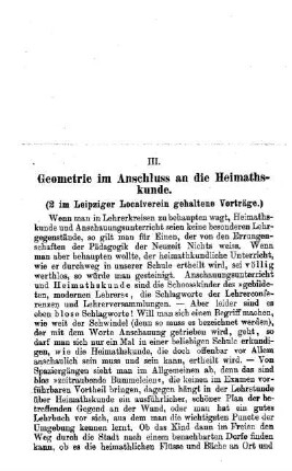 Geometrie im Anschluss an die Heimathskunde : (2 im Leipziger Localverein gehaltene Vorträge.)