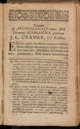 Salutem ab Archididascalo nostro Jesu Juventuti Scholasticæ precatur J. L. Cramer, Rector.