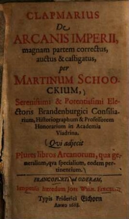 De arcanis imperii : qui adjecit plures libros Arcanorum, qua generalium, qua specialium, eodem pertinentium