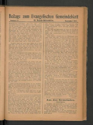 Beilage zum Evangelischen Gemeindeblatt für Deutsch-Südwestafrika. Nummer 9. September 1913