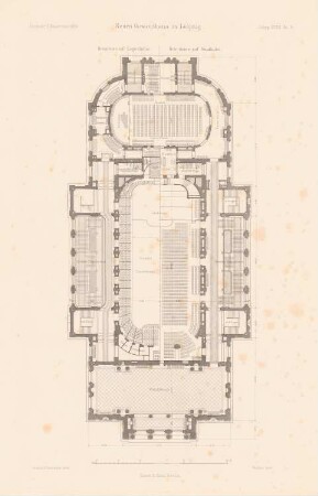 Neues Gewandhaus, Leipzig: Grundriss Saalhöhe und Logenhöhe (aus: Atlas zur Zeitschrift für Bauwesen, hrsg. v. L.v.Tiedemann, Jg. 36, 1886)