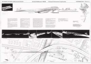 Eine Fußgängerbrücke über den Teltowkanal, Berlin-Adlershof Schinkelwettbewerb 1996: Ansicht, Grundriss 1:700, Modellfotos, Text